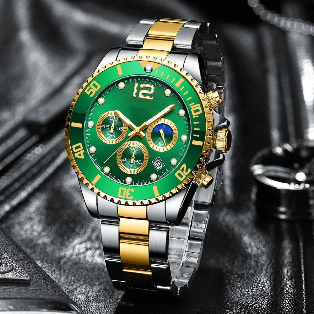 Stylish steel band watch with six needles, featuring a sleek design, night light, calendar, and water resistance up to 30 metres.