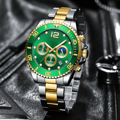 Stylish steel band watch with six needles, featuring a sleek design, night light, calendar, and water resistance up to 30 metres.