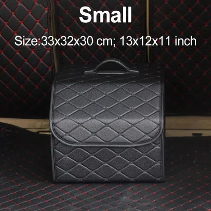 Collapsible leather car trunk organizer in black, designed to keep your vehicle tidy and organised.