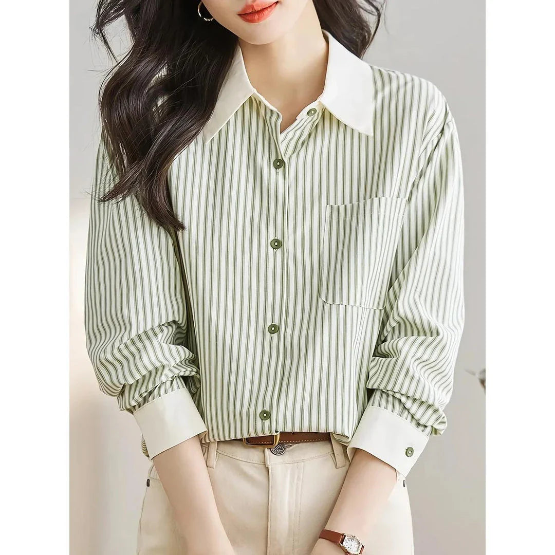 Stylish green striped chiffon blouse for women, featuring a classic striped pattern, turn-down collar, and flowing, comfortable fit.