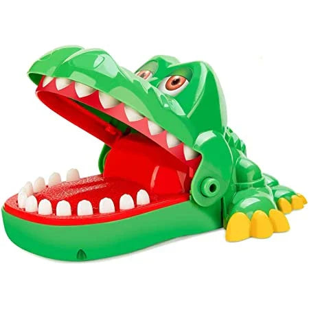 Vivid green crocodile with big eyes, wide open mouth, and sharp teeth - the Crocodile Dentist Game challenges players to carefully pull out the sore teeth using special tongs.