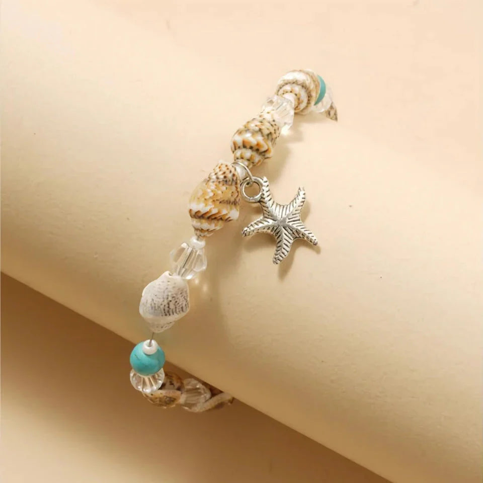 Charming starfish and green stone beaded anklet, a stylish and eco-friendly accessory for New Zealand beach lovers