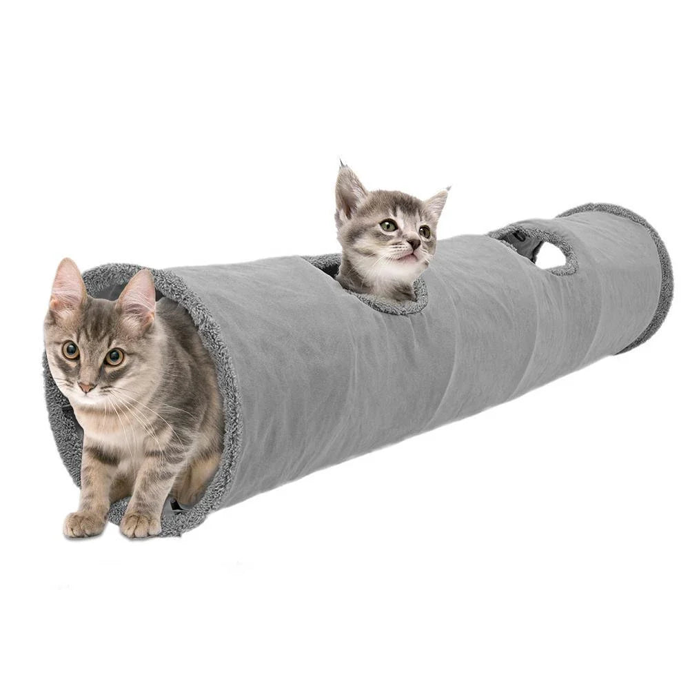 A collapsible cat tunnel toy made of polyester and velvet, providing a cozy hideaway for your curious feline friend.