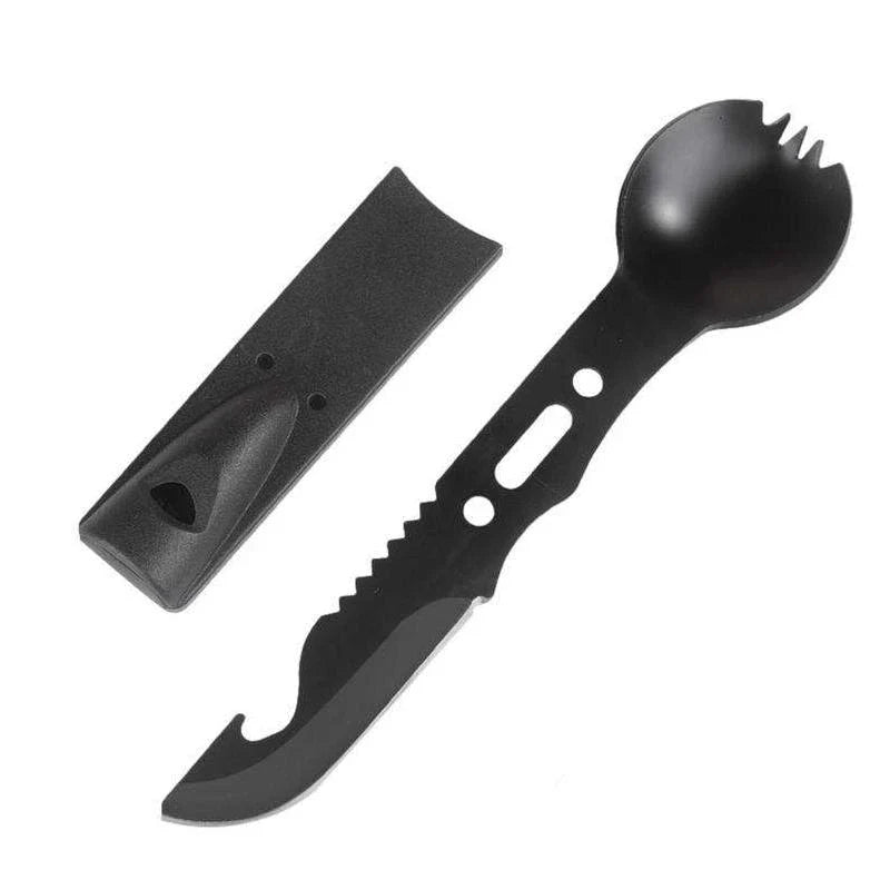 Versatile Outdoor Utensil: Kiwi-made camping spoon, fork, and cutter with survival whistle