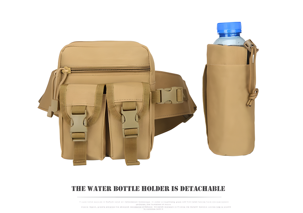 Tactical Water Bottle Waist Belt Pouch in various colours, including black, army green, and digital camo patterns, designed for active outdoor use in New Zealand.