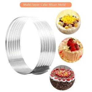 An adjustable stainless steel cake slicer with a ring that can be expanded or shrunk to fit cakes of different sizes, up to 12 inches in diameter.