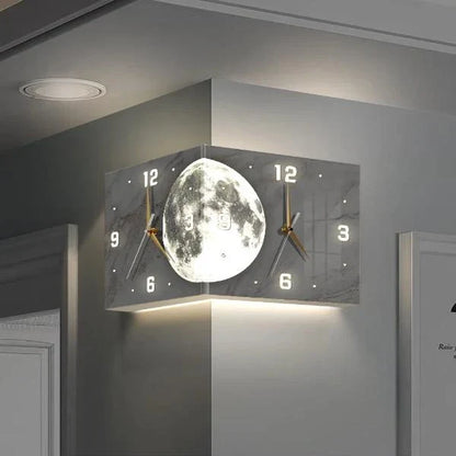 A double-sided corner wall clock made of premium acrylic with sleek aviation aluminum hands for a modern and elegant look