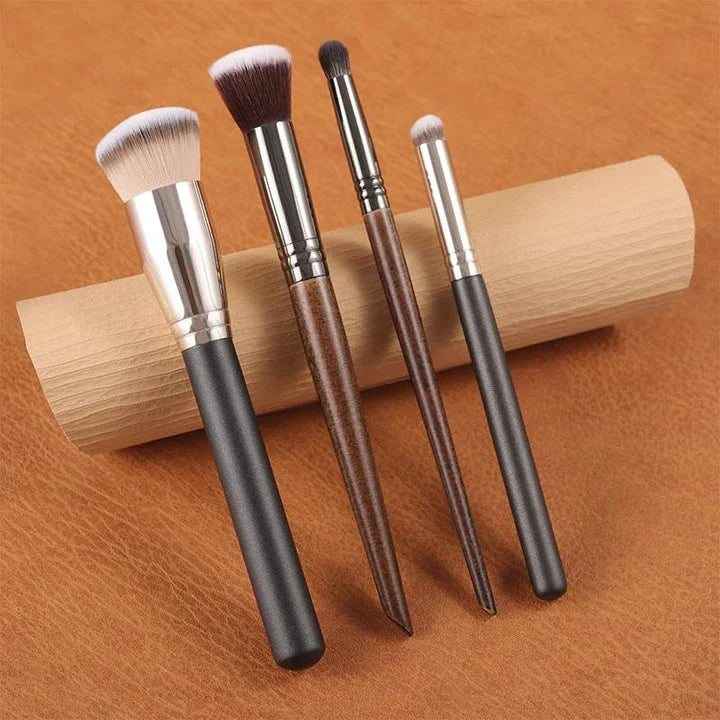 4-in-1 Professional Makeup Brush Set with Synthetic Fibers and Wooden Handles