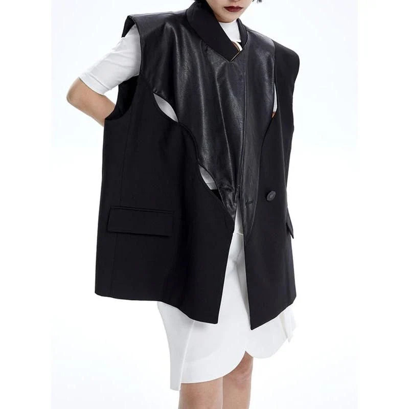 Stylish wide-shoulder PU leather patchwork waistcoat in a modern, three-dimensional design