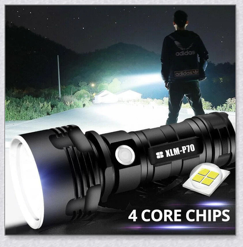 The Shadowhawk Flashlight, a high-powered LED flashlight with a maximum output of 90,000 lumens, providing exceptional illumination for various outdoor and emergency situations.