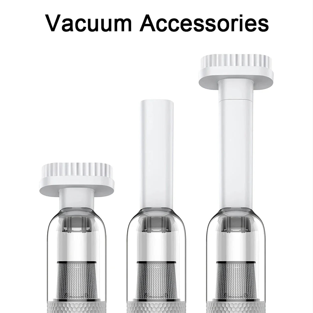 A 3-in-1 handheld vacuum cleaner and air inflator with a white housing and a cleaning brush nozzle