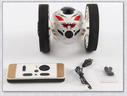 Mini 2.4GHz remote control bounce car in red and white, capable of jumping up to 31.5 inches high and performing stunts like 360-degree spins