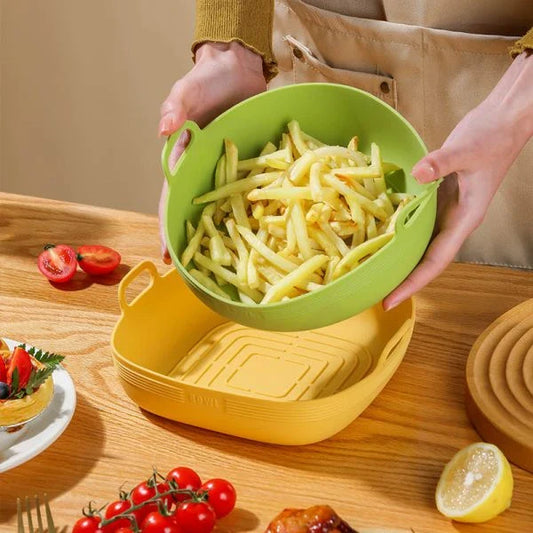 Premium silicone air fryer bowl in vibrant colors and versatile shapes for hassle-free, healthy cooking