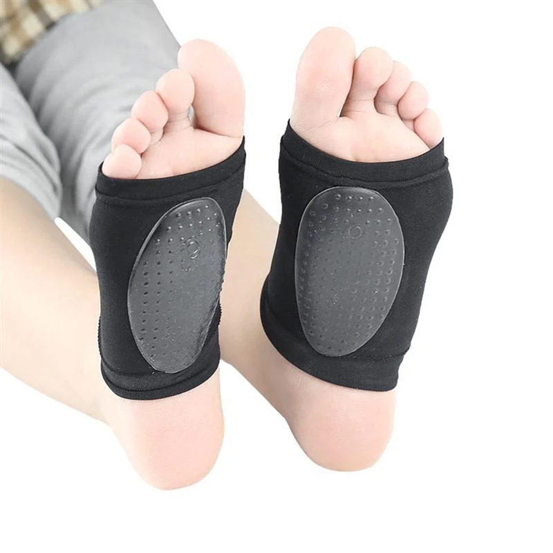 A pair of silicone and polyester arch support sleeves designed to provide cushioning and compression for foot pain relief