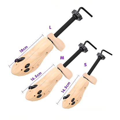 Adjustable wooden shoe stretcher expanding a pair of shoes, made with high-quality New Zealand timber