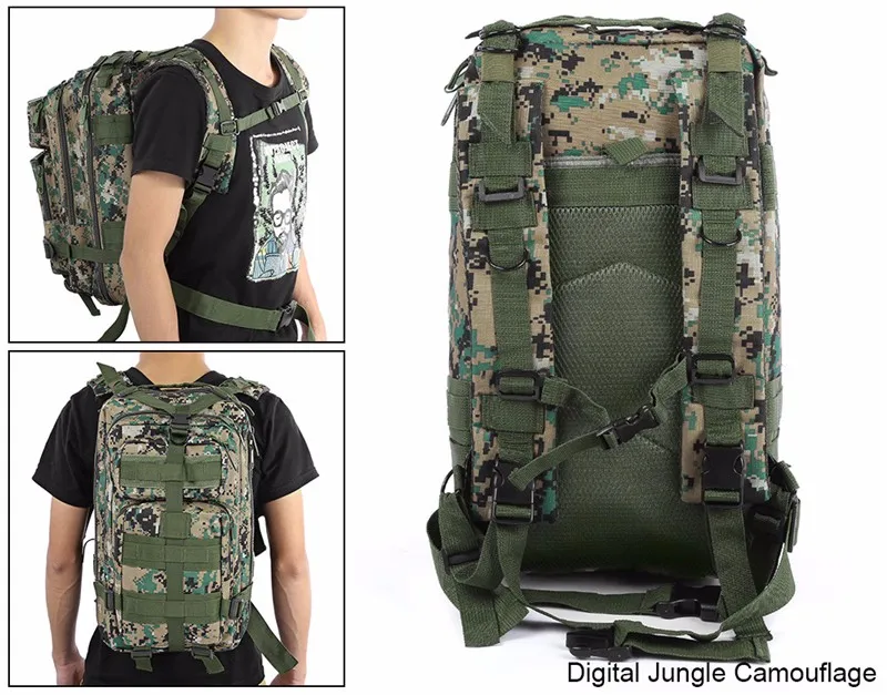 Army-inspired travel backpack with 8 camouflage patterns, featuring a spacious main compartment, adjustable straps, and breathable mesh back panel