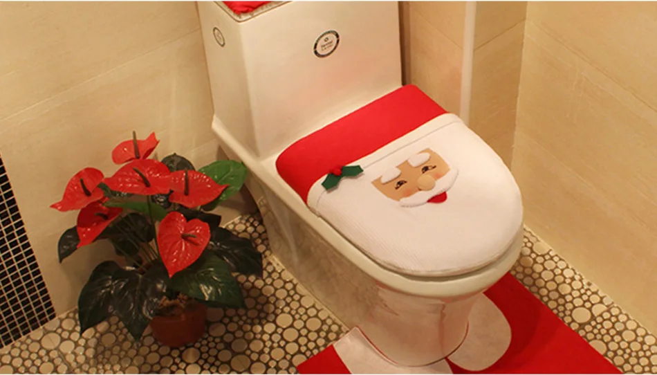 Christmas toilet seat cover sets featuring Santa Claus, Elk, Elf, and Snowman designs to decorate Kiwi bathrooms for the holidays