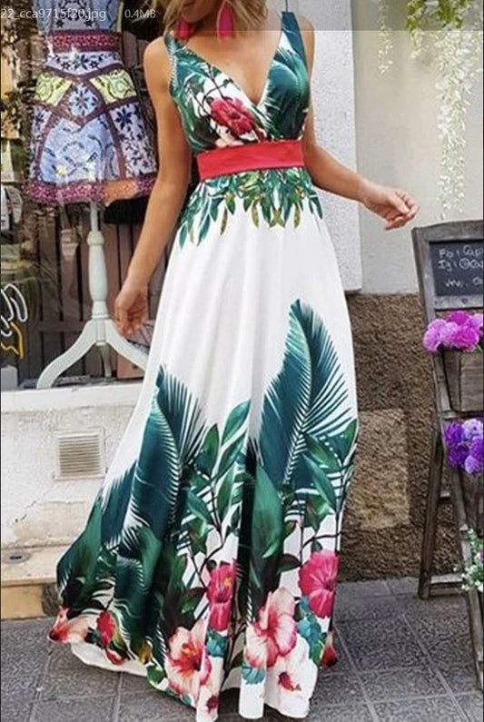 Sleeveless printed long dress in a vibrant, eye-catching design that seamlessly blends European and American style