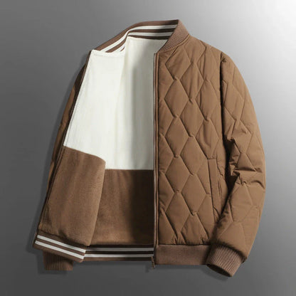 Reversible cotton jacket with baseball collar in caramel, white, black, and gray colors