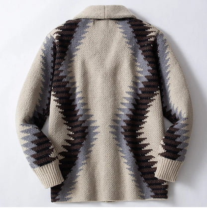 Warm, cozy knitted sweater in classic khaki hue with jacquard pattern, perfect for Kiwi men