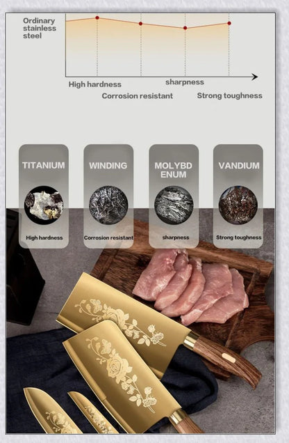 Titangold Designer Titanium Kitchen Knife Set with premium stainless steel blades and innovative titanium coating for enhanced corrosion resistance and durability.