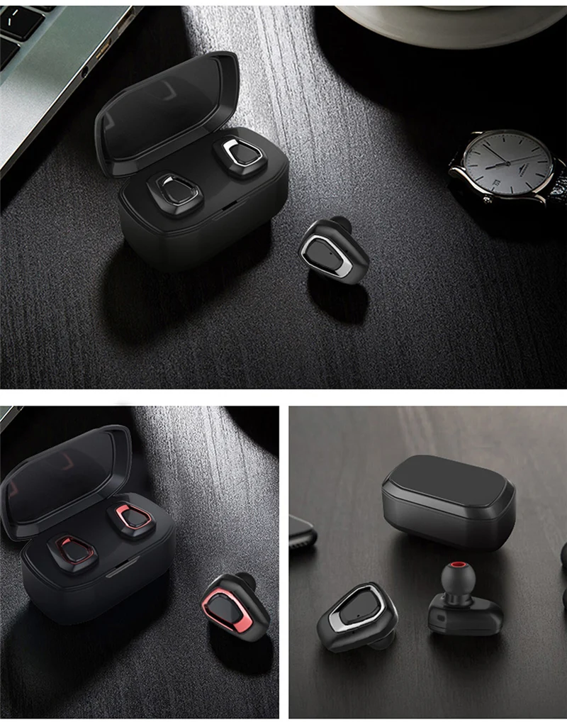 A7 Wireless Bluetooth Stereo Earbuds in black, red, and silver colors with charging case