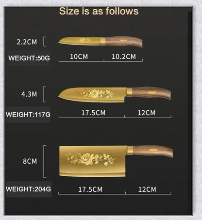 Titangold Designer Titanium Kitchen Knife Set with premium stainless steel blades and innovative titanium coating for enhanced corrosion resistance and durability.