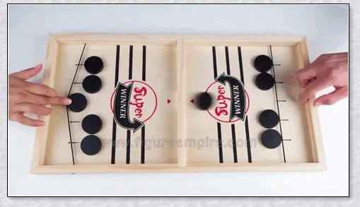 A hand-crafted wooden hockey game with rubber band-powered pucks, perfect for family bonding and screen-free fun in New Zealand