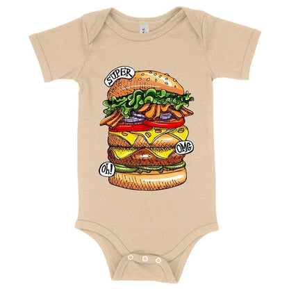 A cozy, flexible baby onesie featuring a fun kai burger graphic design, made of premium Airlume cotton for softness and sustainability.