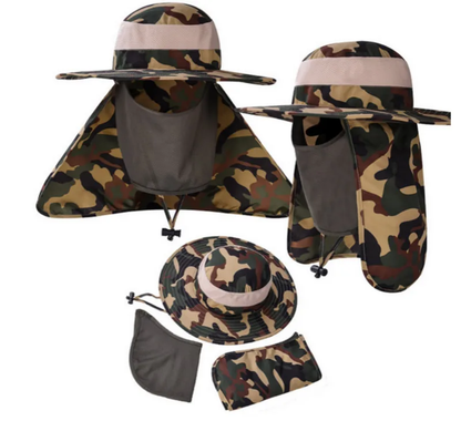 Versatile camo tactical bucket hat with removable neck cape and face shield for outdoor activities like fishing, hiking, and more