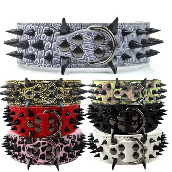 A stylish pet collar with a punk-inspired design, featuring metal accents and an adjustable fit for comfortable wear