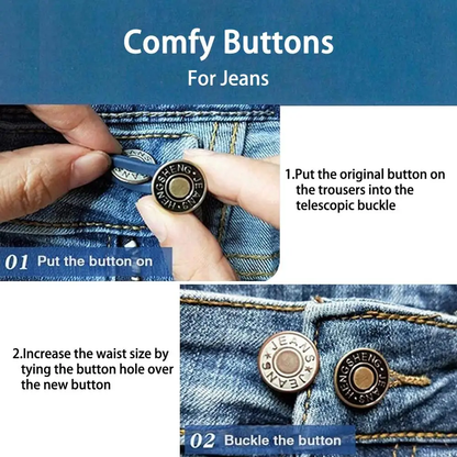 Adjustable metal buttons in various colors for customizing the fit of jeans and pants