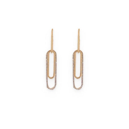 Elegant oblong gold earrings with sparkling rhinestones, a modern and glamorous accessory