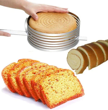 An adjustable stainless steel cake slicer with a ring that can be expanded or shrunk to fit cakes of different sizes, up to 12 inches in diameter.