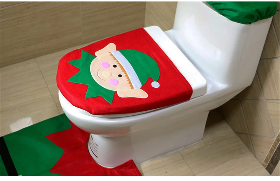 Christmas toilet seat cover sets featuring Santa Claus, Elk, Elf, and Snowman designs to decorate Kiwi bathrooms for the holidays