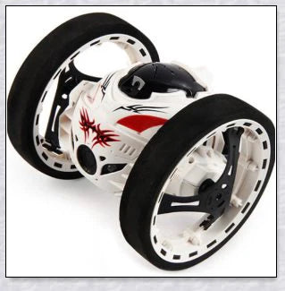 Mini 2.4GHz remote control bounce car in red and white, capable of jumping up to 31.5 inches high and performing stunts like 360-degree spins