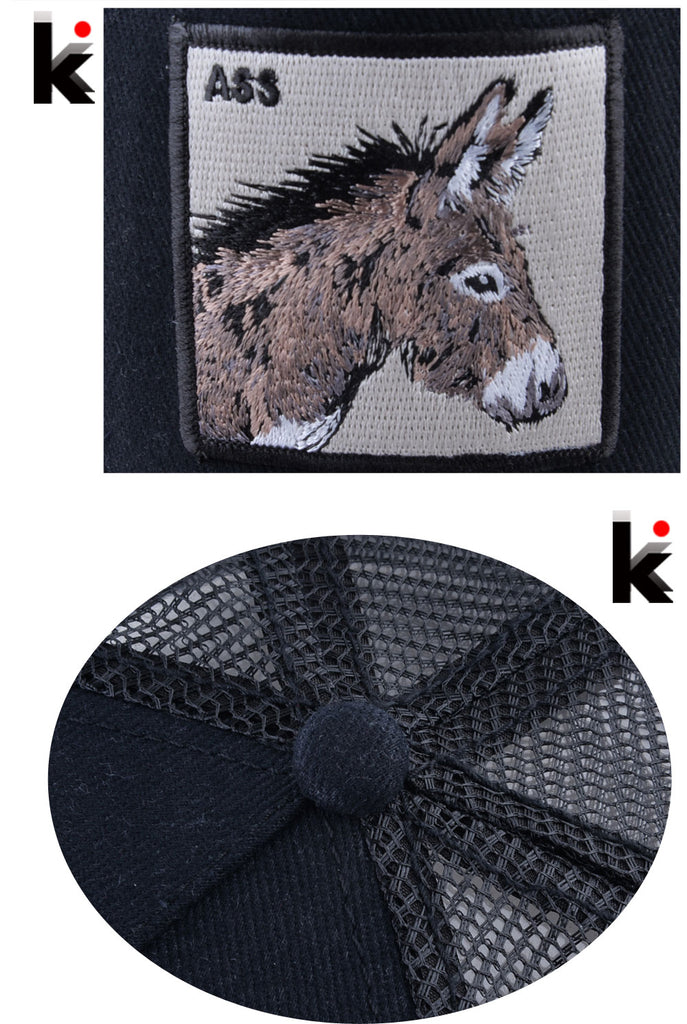 Stylish animal-inspired mesh trucker caps in a variety of designs, including donkeys, roosters, horses, owls, and more