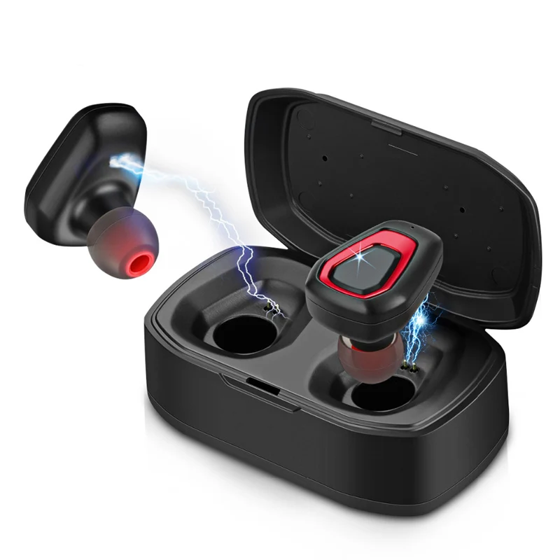 A7 Wireless Bluetooth Stereo Earbuds in black, red, and silver colors with charging case