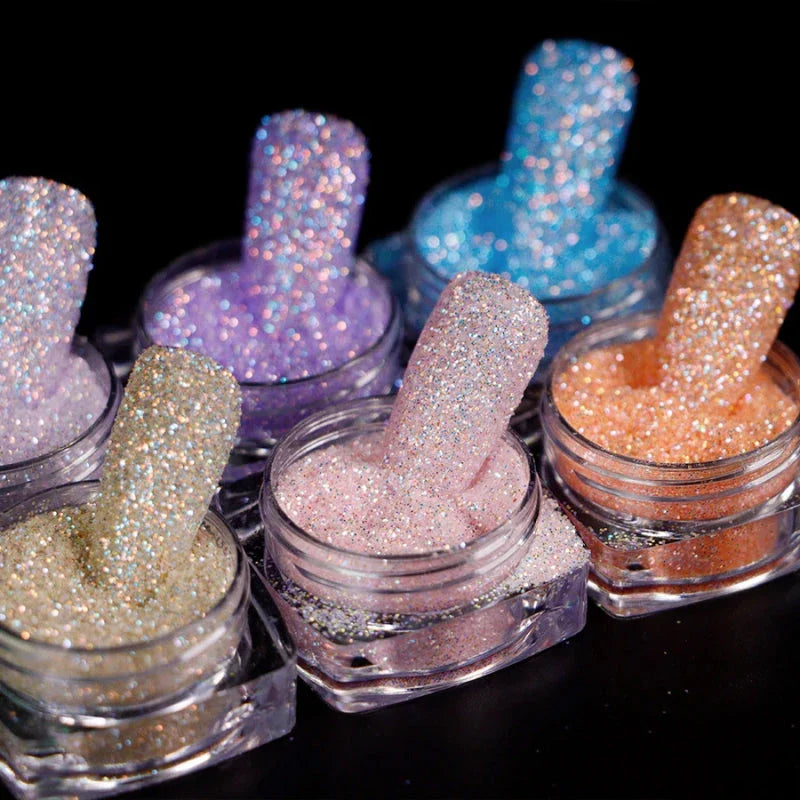 Trendha's 12-Box Iridescent Sugar Nail Glitter Powder Set featuring a collection of vibrant, candy-colored glitter powders