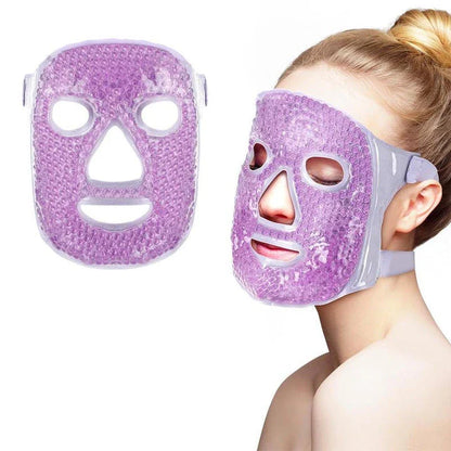 A purple hot and cold compress beauty mask made of soft suede fabric with adjustable design for comfortable facial care.