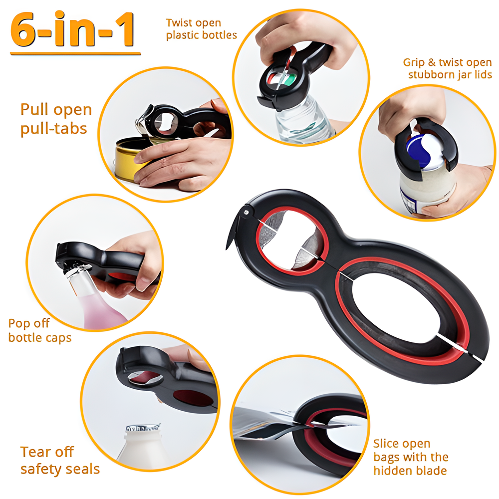 Versatile 6-in-1 Twist Bottle Opener - Kiwi's Handy Mate for Opening Bottles, Jars, Cans and More with Ease