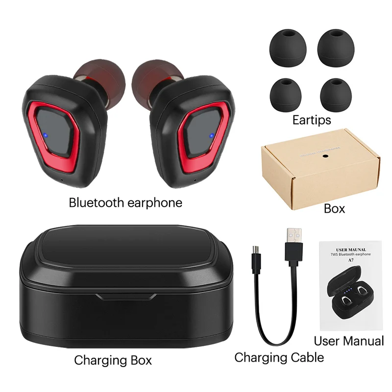 A7 Wireless Bluetooth Stereo Earbuds in black, red, and silver colors with charging case