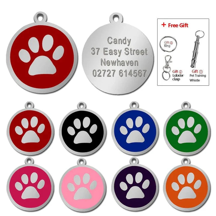 Premium stainless steel dog ID tag with a unique paw print pattern, designed for the active Kiwi lifestyle