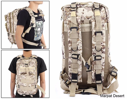 Army-inspired travel backpack with 8 camouflage patterns, featuring a spacious main compartment, adjustable straps, and breathable mesh back panel