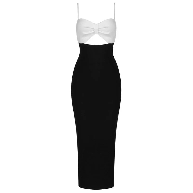 Sexy solid colour V-neck halter dress with a sleek, figure-hugging silhouette and long, flowing skirt