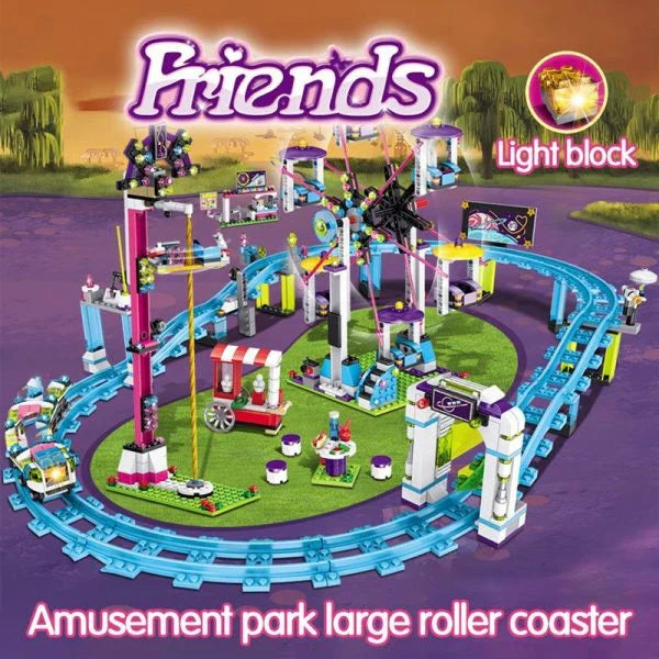 Thrilling Friends Amusement Park with a roller coaster, Ferris wheel, and other accessories for a fun-filled theme park experience