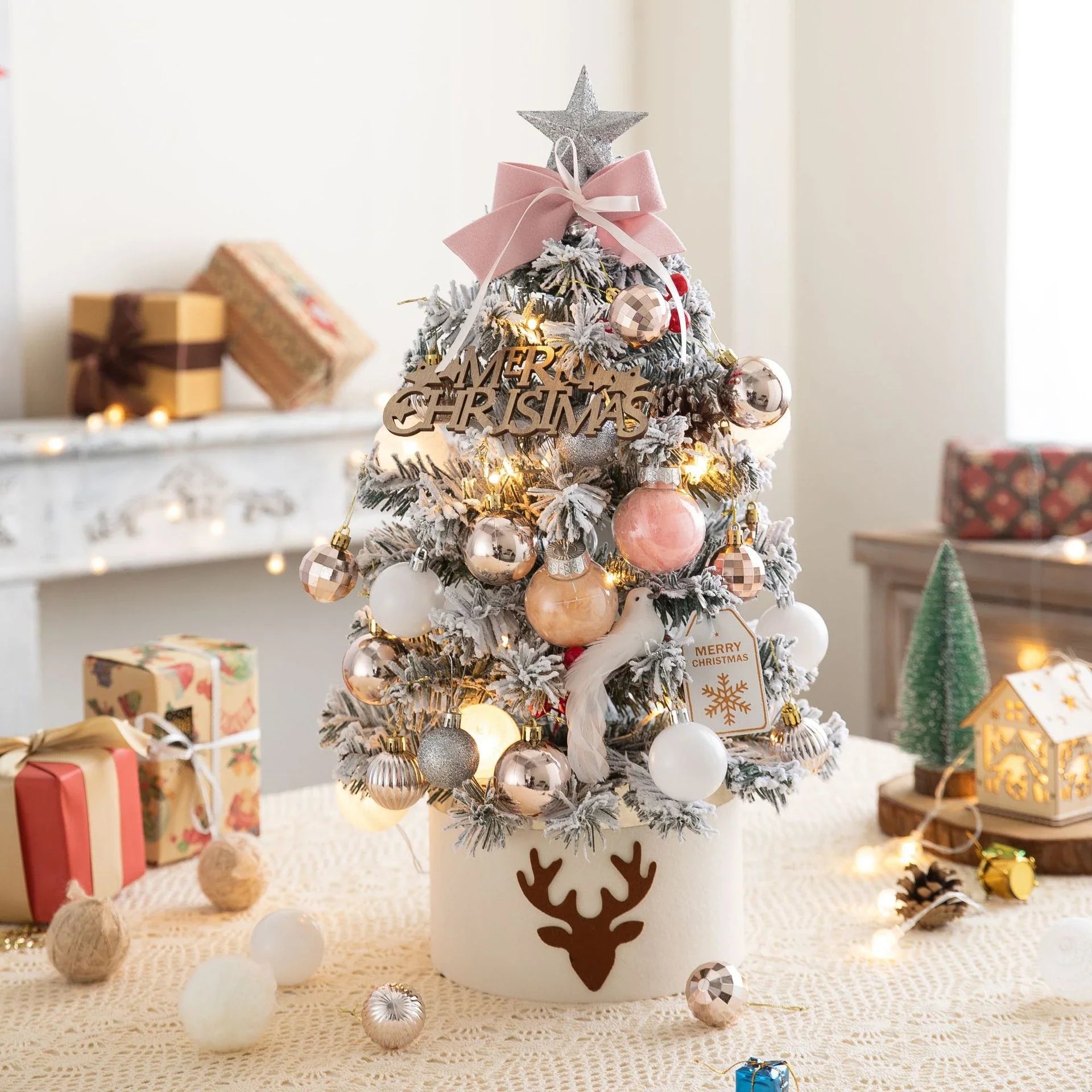 Festive flocked snow tree decoration in pink or red, perfect for Kiwi Christmas decor