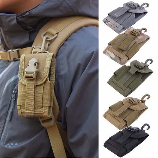 Tactical Mobile Phone Pouch made of durable Oxford fabric with secure zippered closure and versatile clip-on design for outdoor activities and everyday use