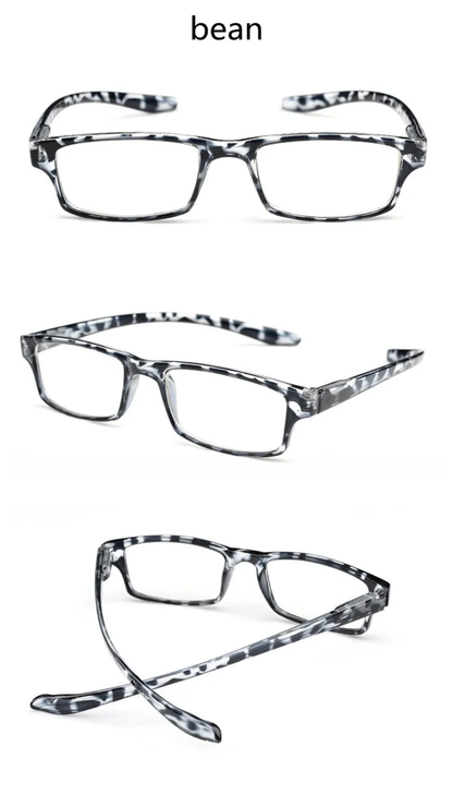 Ultralight self-hanging reading glasses with flexible, bendable frames, shatterproof polycarbonate lenses, and a stylish mirrored finish