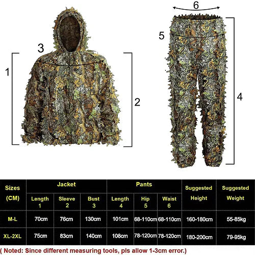 Ghillie Camouflage Camo Suit with 3D leafy design for superior concealment and all-weather performance